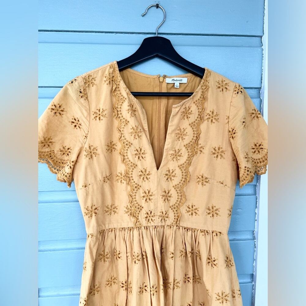 Madewell yellow eyelet scalloped hem dress 100% cotton bohemian boho mustard 4 - Picture 5 of 11